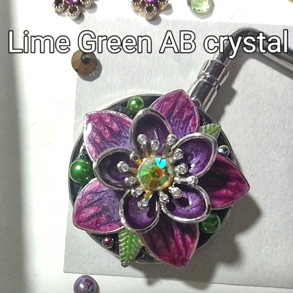 Purse Hook Handbag Holder Crystal Flower Design Choice of Center Stone - Picture 2 of 16